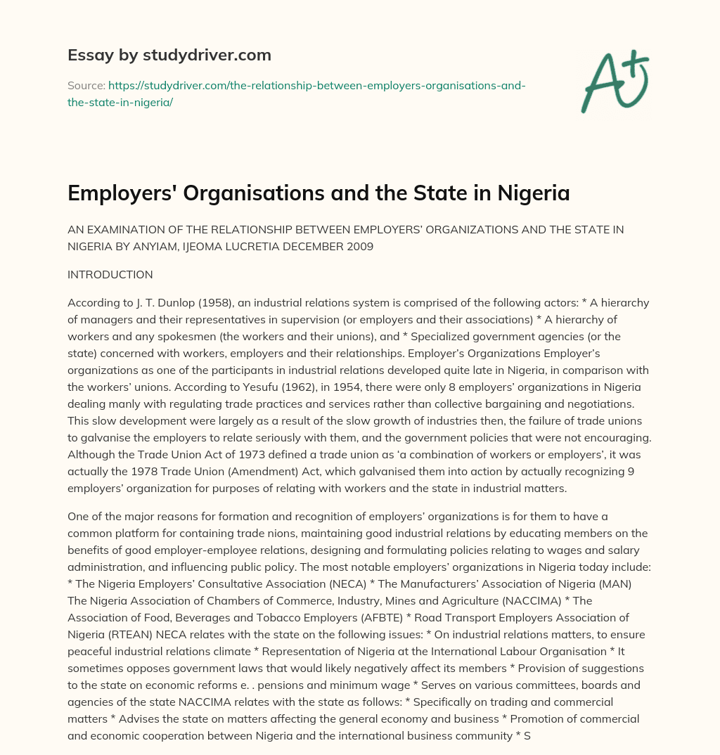 Employers’ Organisations and the State in Nigeria essay