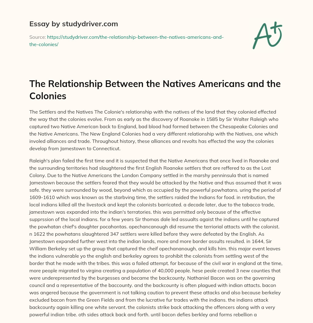 The Relationship between the Natives Americans and the Colonies essay