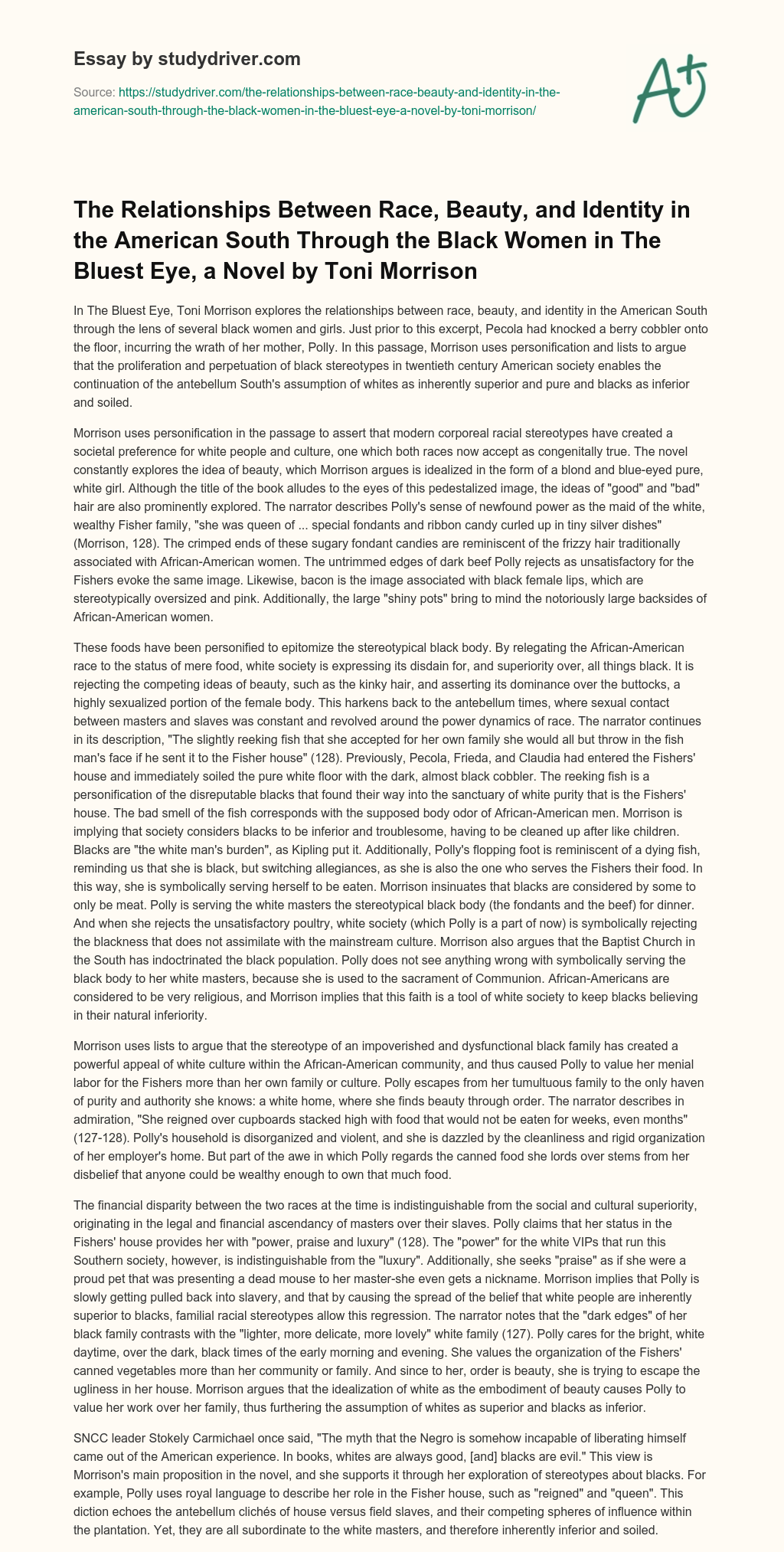 The Relationships between Race, Beauty, and Identity in the American South through the Black Women in the Bluest Eye, a Novel by Toni Morrison essay