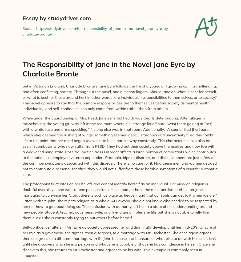 The Responsibility of Jane in the Novel Jane Eyre by Charlotte Bronte essay