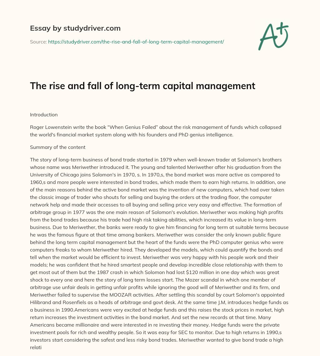 The Rise and Fall of Long-term Capital Management essay