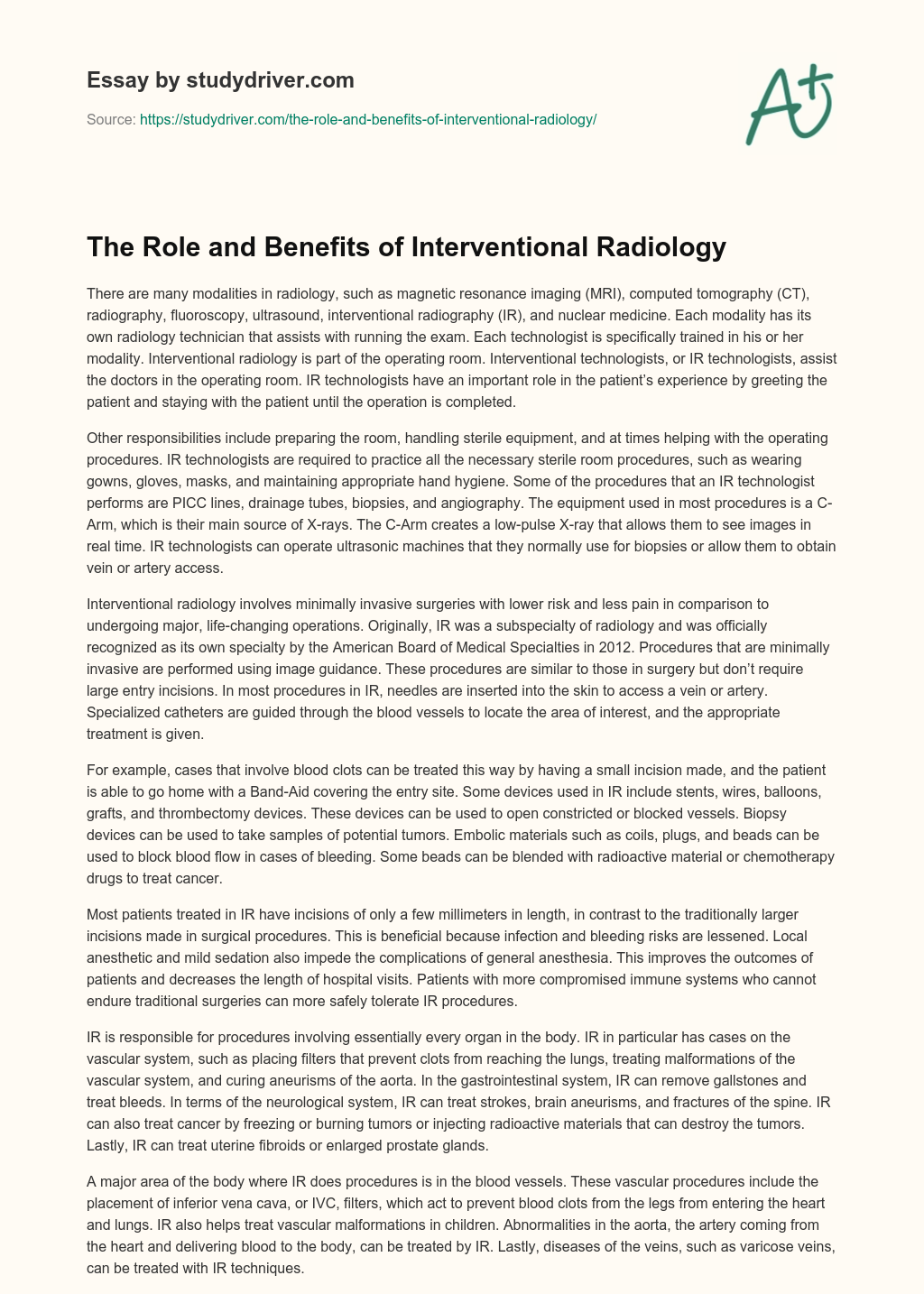 The Role and Benefits of Interventional Radiology essay