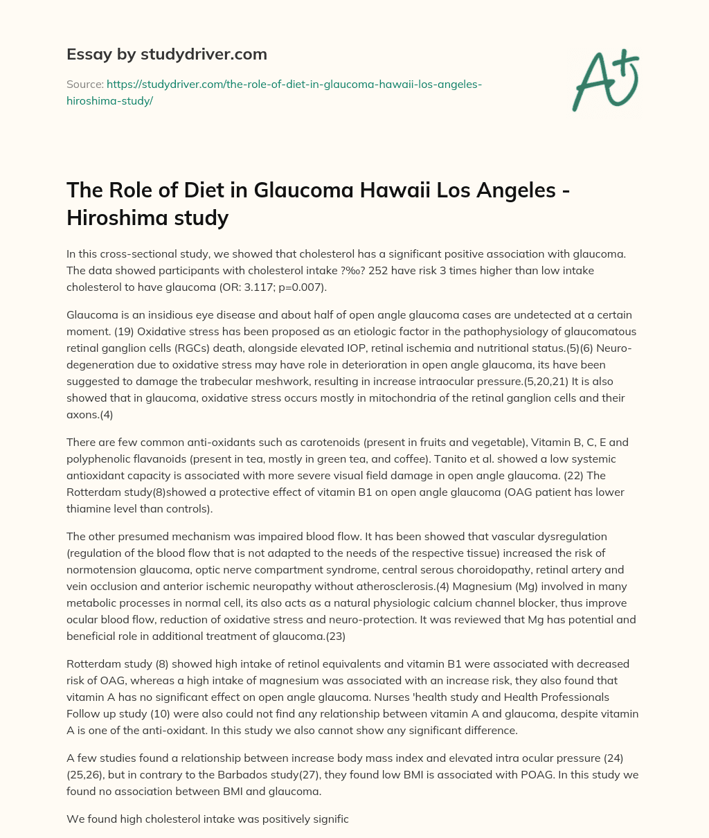 The Role of Diet in Glaucoma Hawaii Los Angeles – Hiroshima Study essay