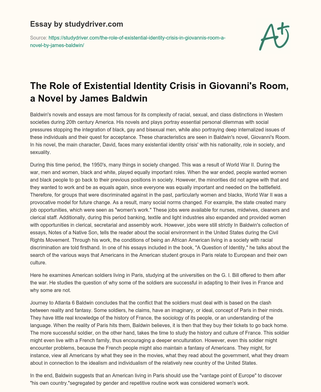 The Role of Existential Identity Crisis in Giovanni’s Room, a Novel by James Baldwin essay