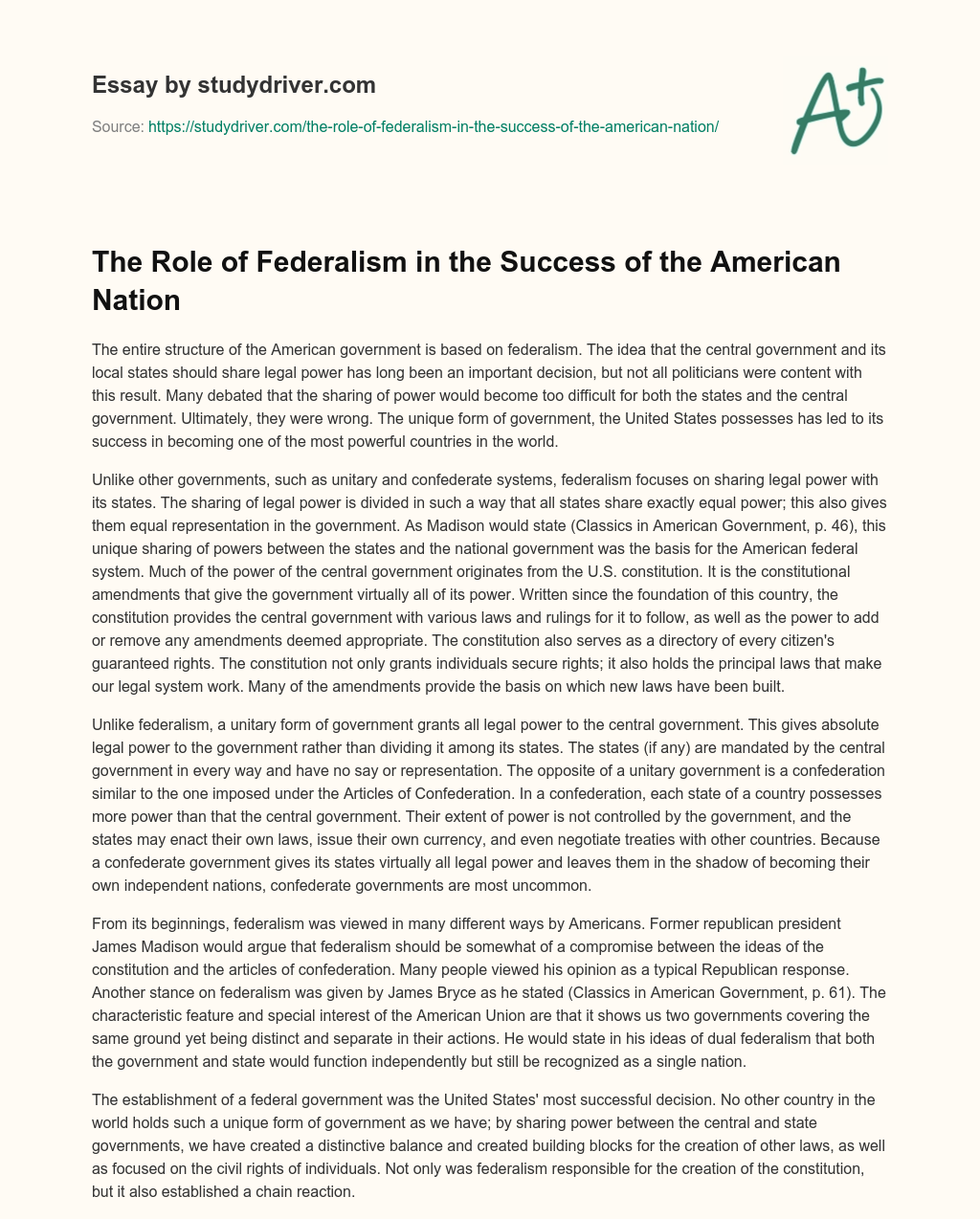 The Role of Federalism in the Success of the American Nation essay