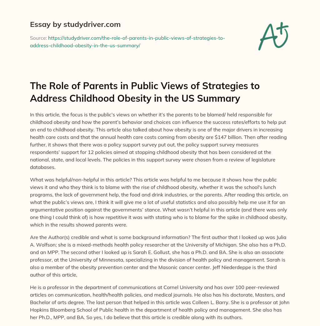 The Role of Parents in Public Views of Strategies to Address Childhood Obesity in the US Summary essay