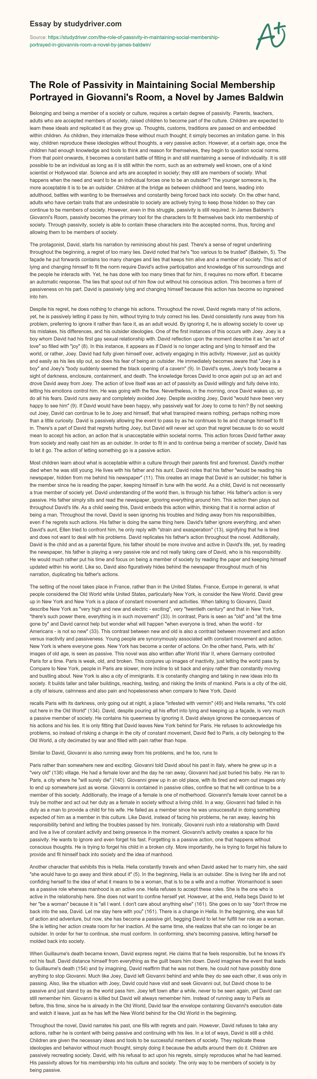 The Role of Passivity in Maintaining Social Membership Portrayed in Giovanni’s Room, a Novel by James Baldwin essay