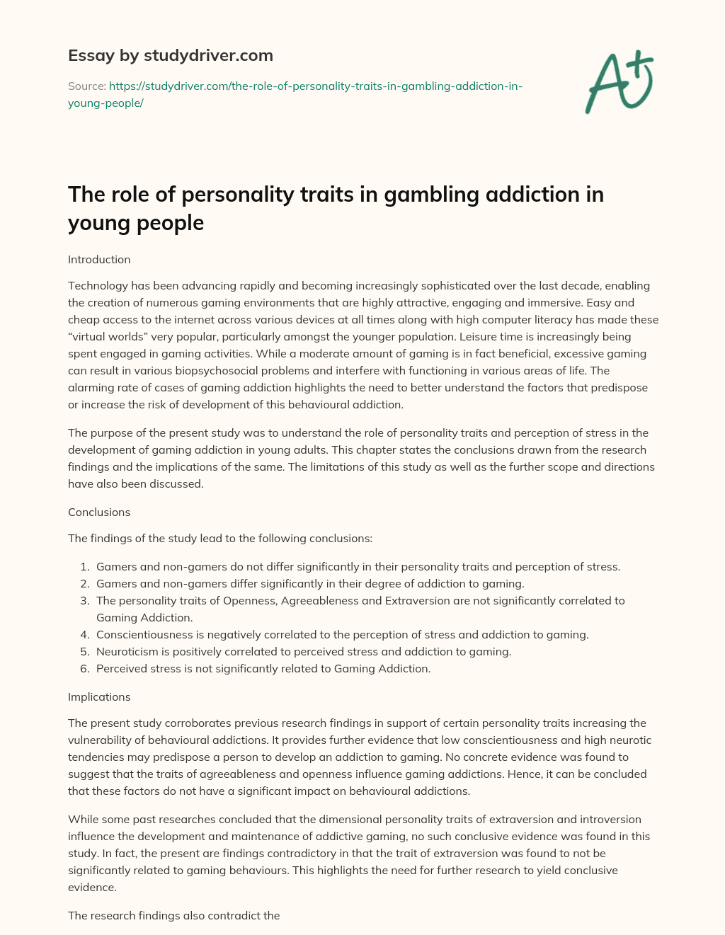 The Role of Personality Traits in Gambling Addiction in Young People essay