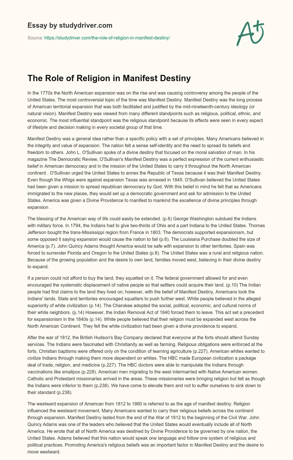 The Role of Religion in Manifest Destiny essay