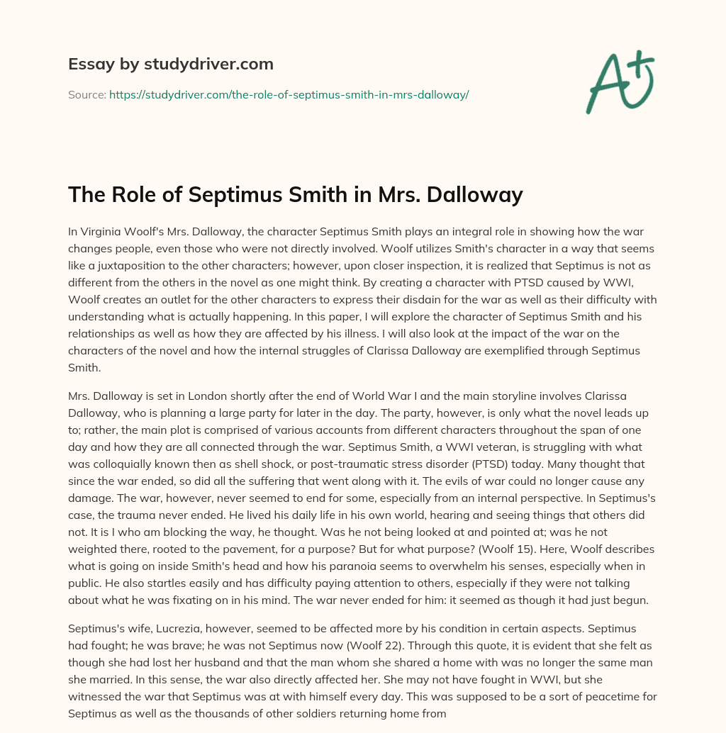 The Role of Septimus Smith in Mrs. Dalloway essay