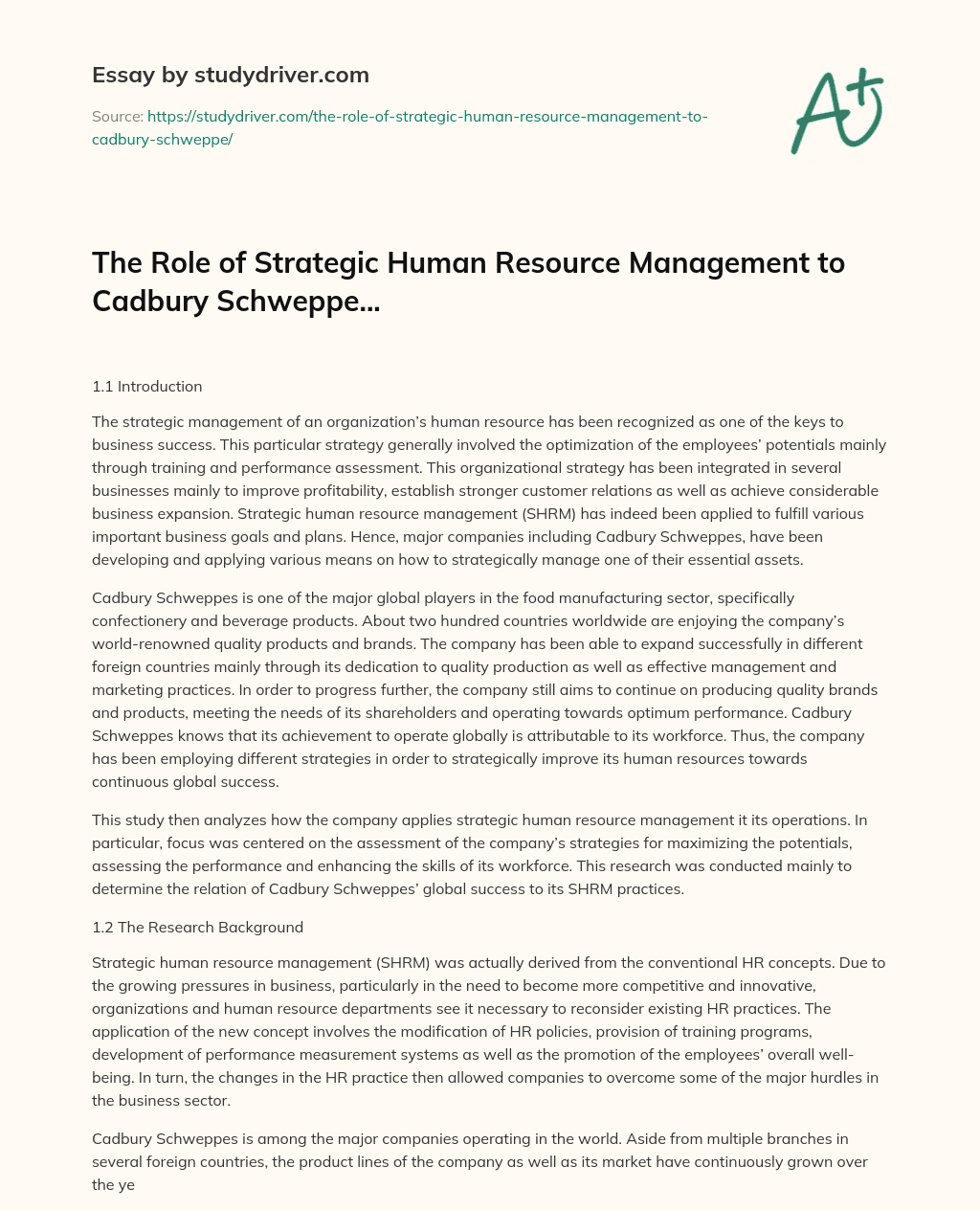 The Role of Strategic Human Resource Management to Cadbury Schweppe… essay