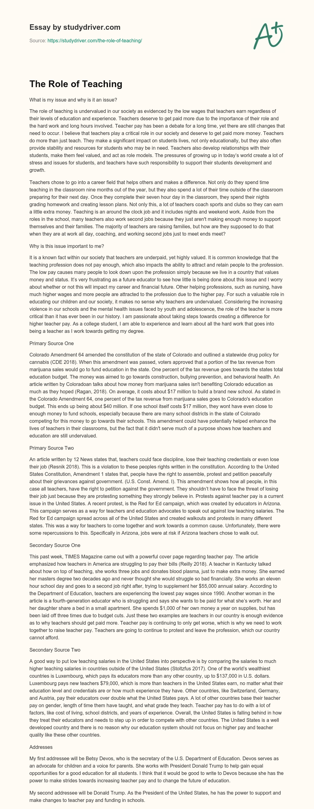 The Role of Teaching essay