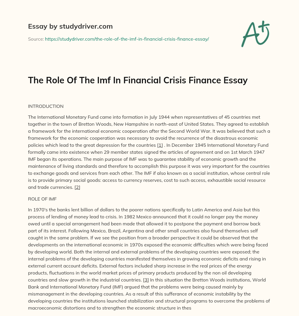 The Role of the Imf in Financial Crisis Finance Essay essay