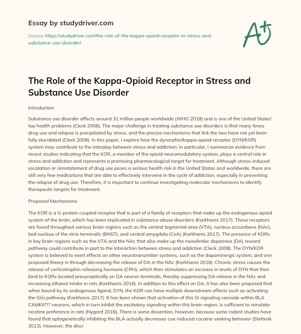 The Role of the Kappa-Opioid Receptor in Stress and Substance Use Disorder essay