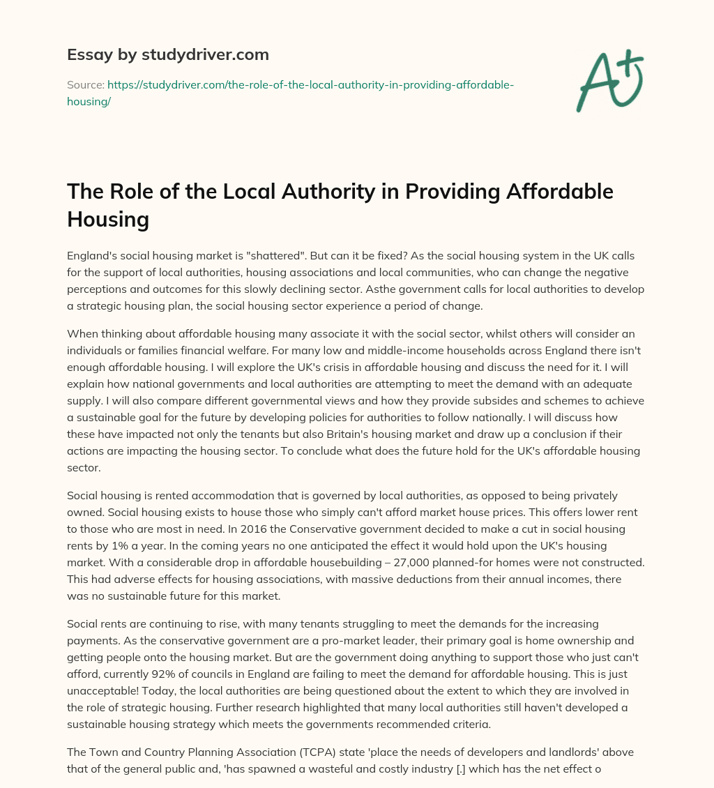 The Role of the Local Authority in Providing Affordable Housing essay
