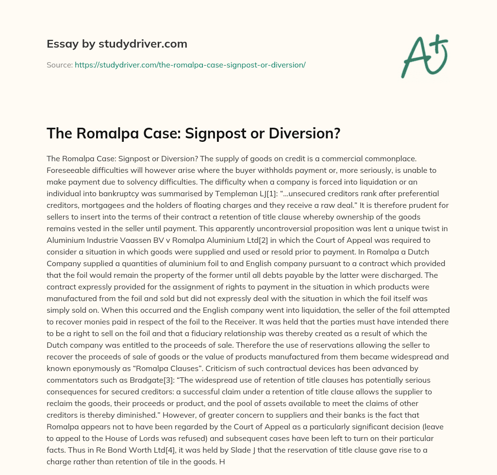 The Romalpa Case: Signpost or Diversion? essay
