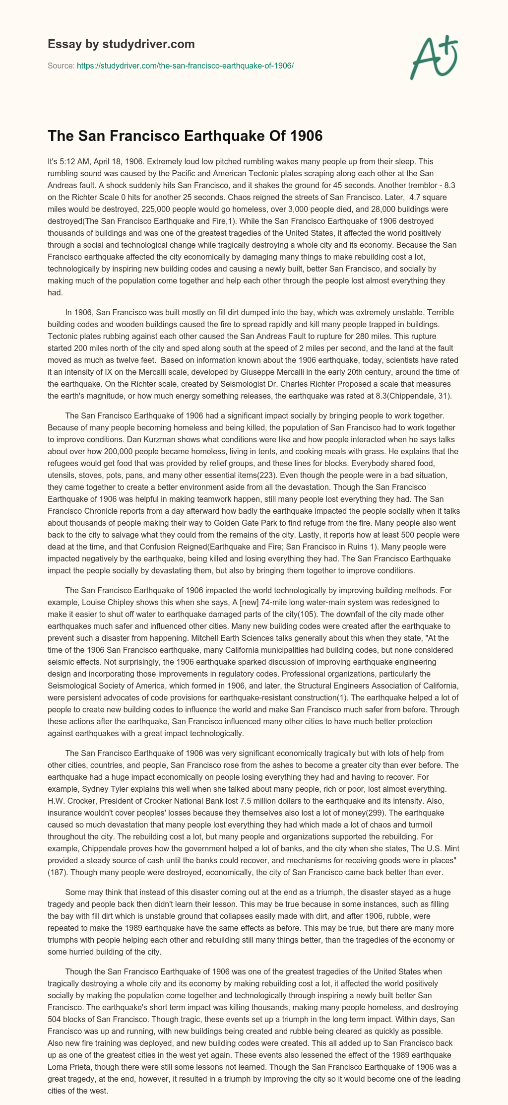 The San Francisco Earthquake of 1906 essay