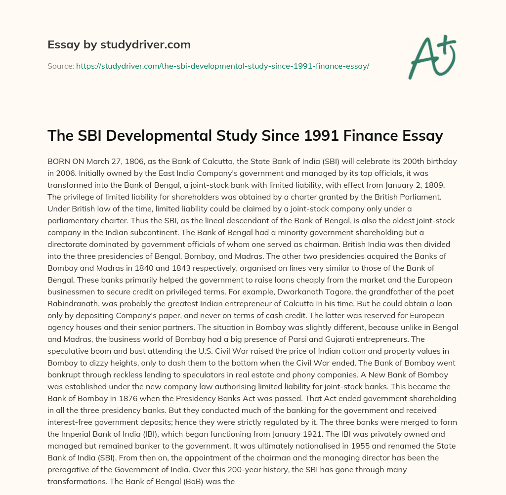 The SBI Developmental Study Since 1991 Finance Essay essay