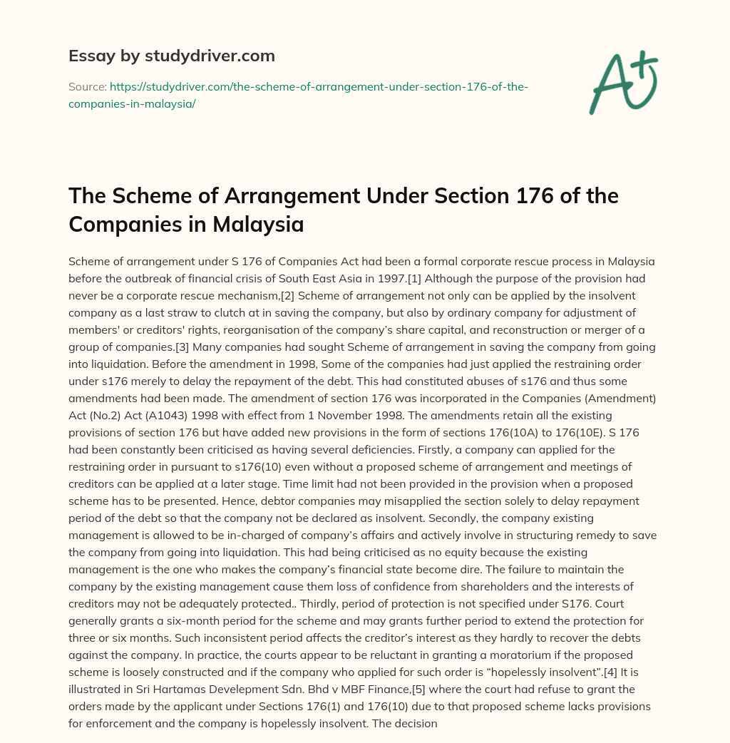 The Scheme of Arrangement under Section 176 of the Companies in Malaysia essay