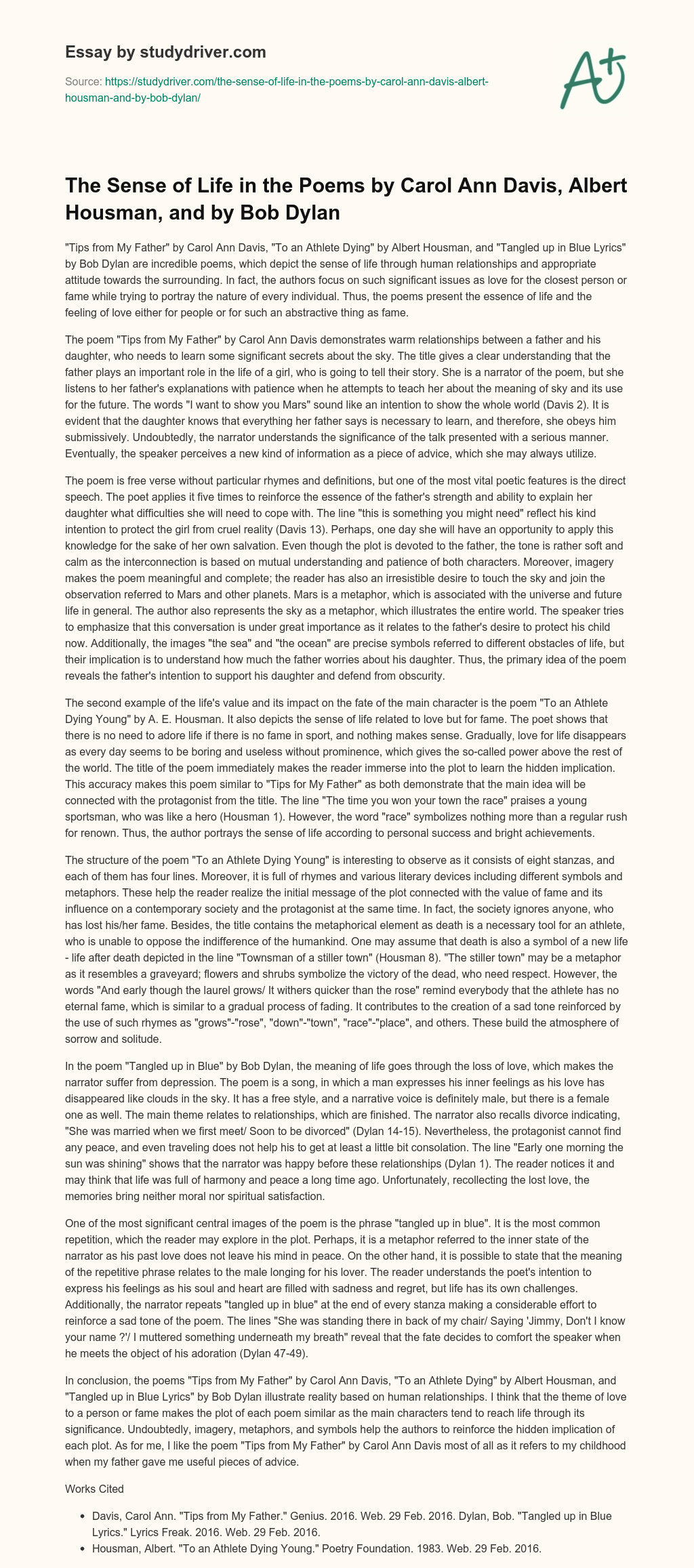 The Sense of Life in the Poems by Carol Ann Davis, Albert Housman, and by Bob Dylan essay