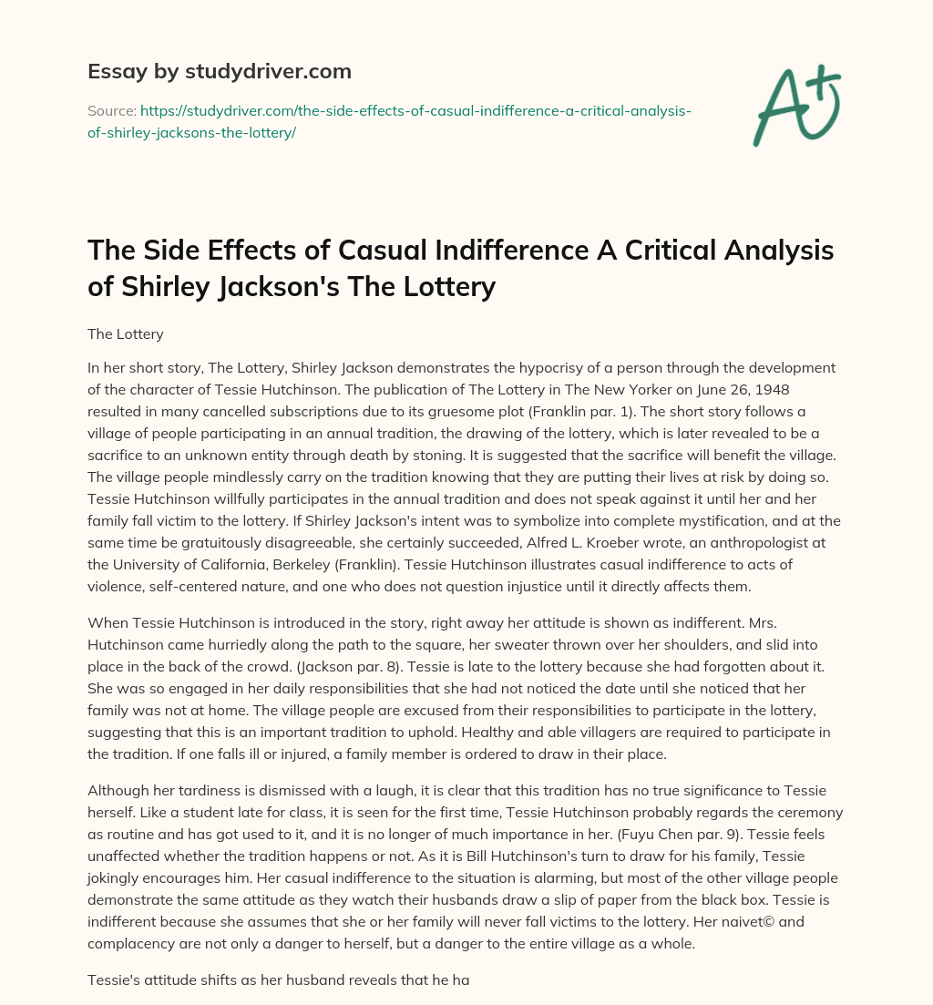 The Side Effects of Casual Indifference a Critical Analysis of Shirley Jackson’s the Lottery essay