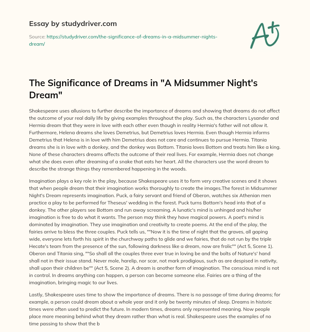 The Significance of Dreams in “A Midsummer Night’s Dream” essay