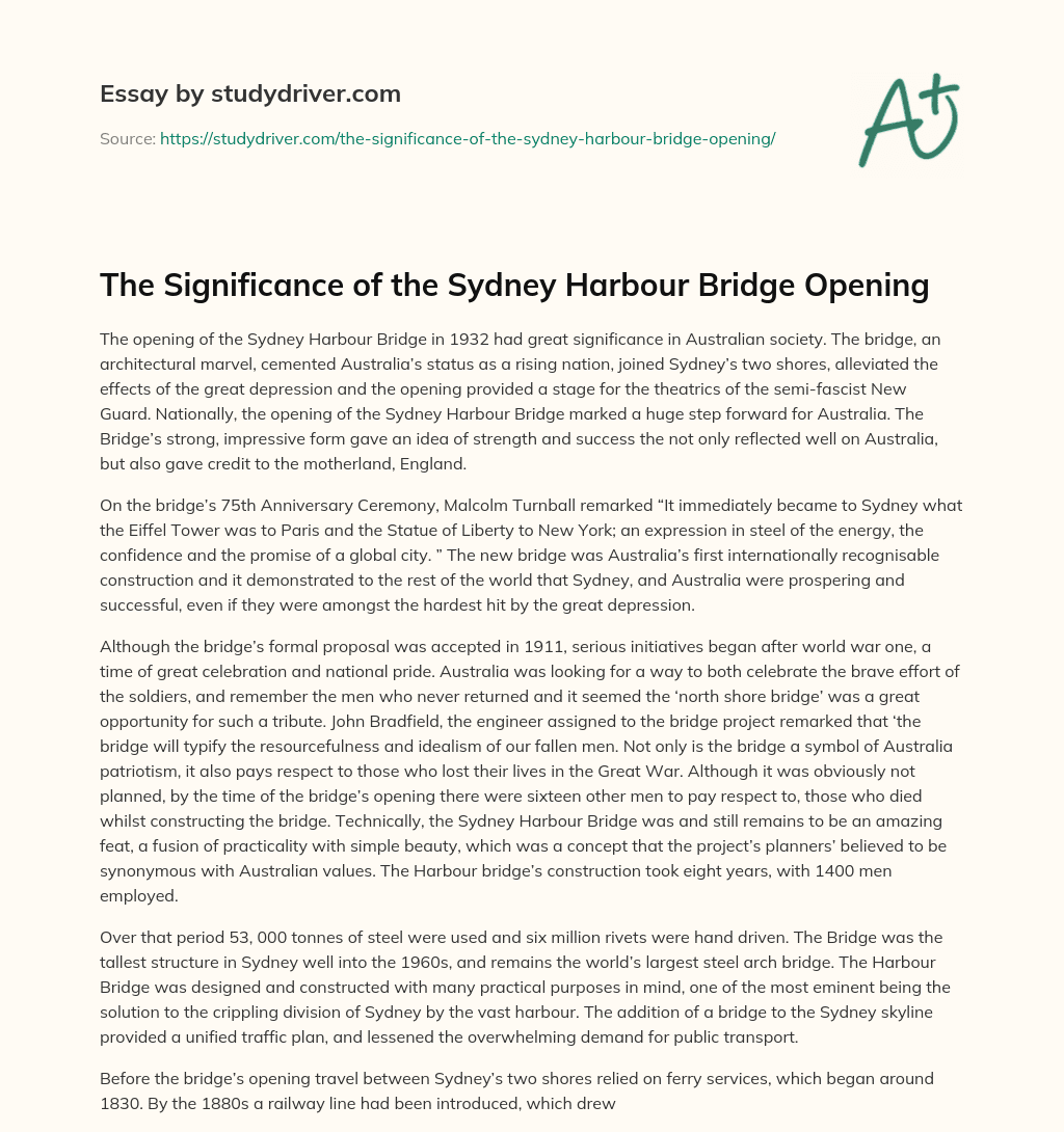 The Significance of the Sydney Harbour Bridge Opening essay