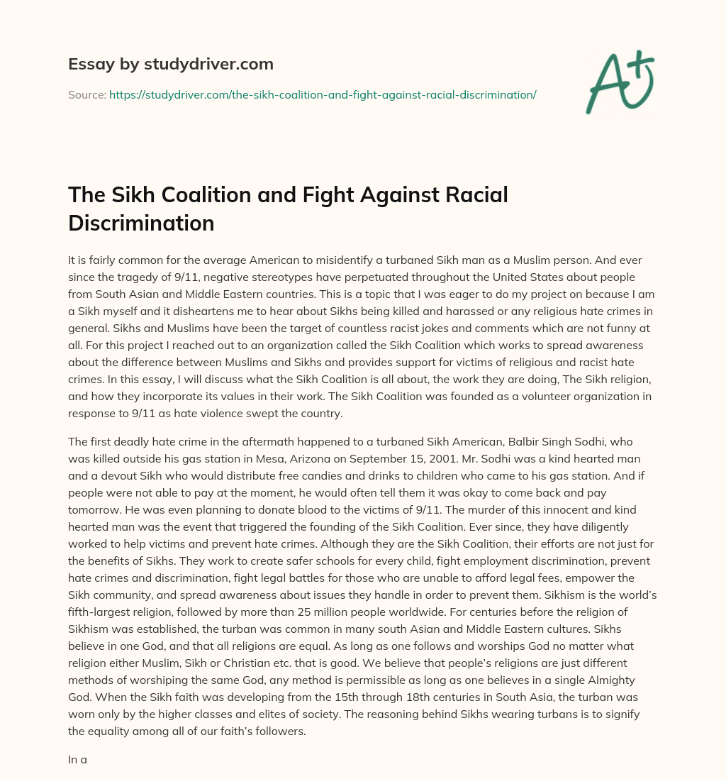 The Sikh Coalition and Fight against Racial Discrimination essay