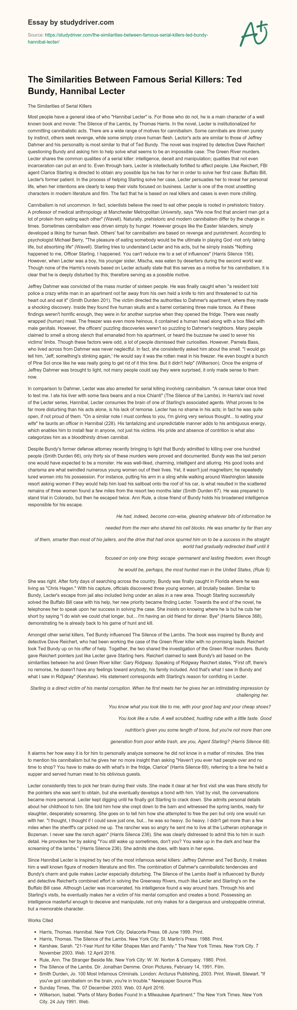 The Similarities between Famous Serial Killers: Ted Bundy, Hannibal Lecter essay