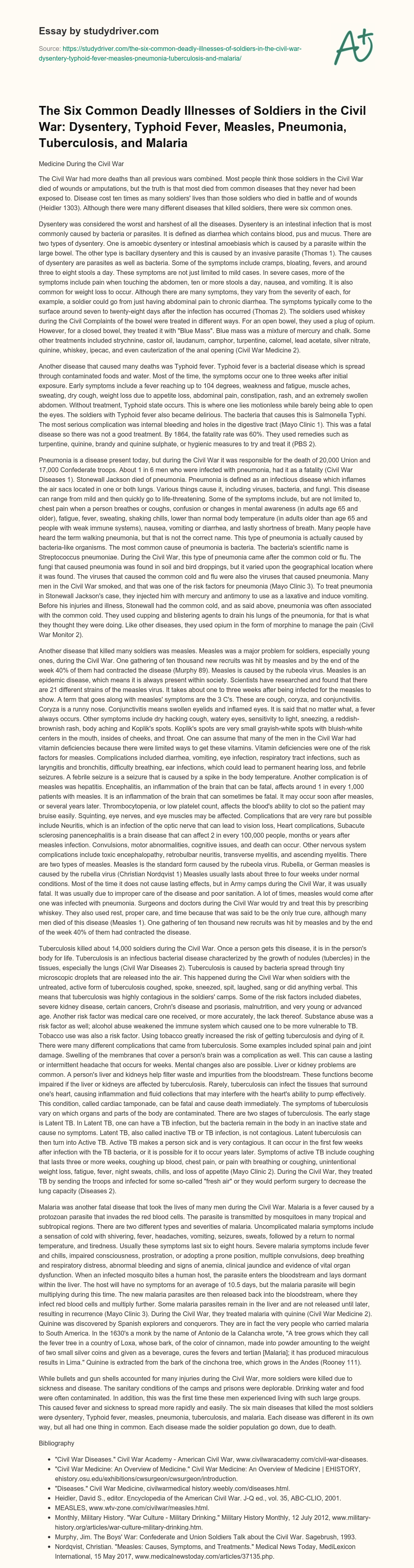 The Six Common Deadly Illnesses of Soldiers in the Civil War: Dysentery, Typhoid Fever, Measles, Pneumonia, Tuberculosis, and Malaria essay
