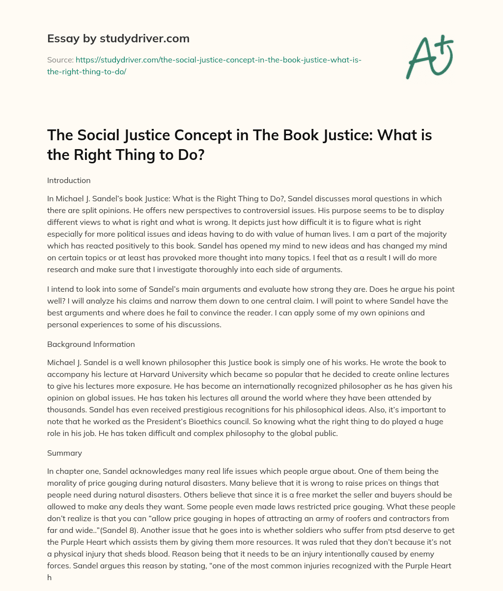 The Social Justice Concept in the Book Justice: what is the Right Thing to Do? essay