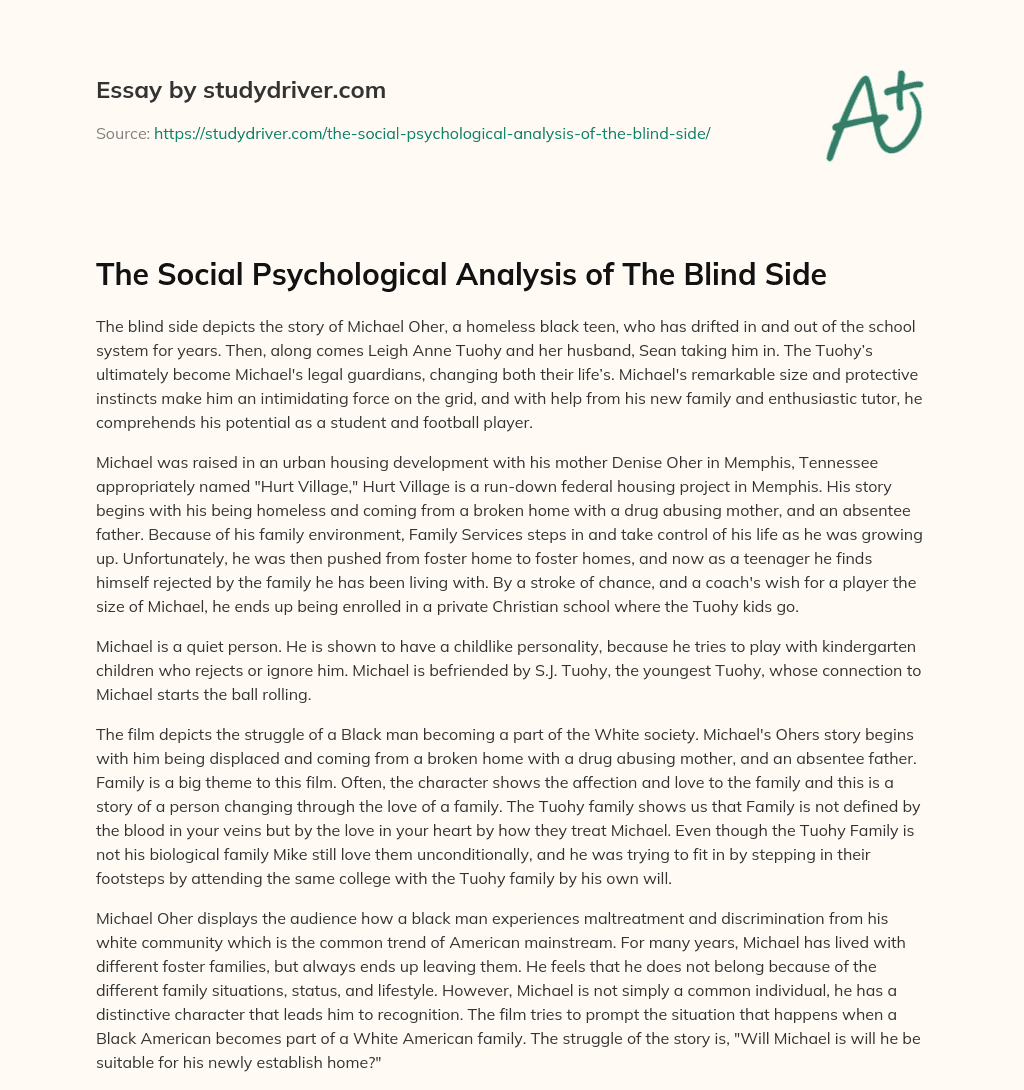 The Social Psychological Analysis of the Blind Side essay