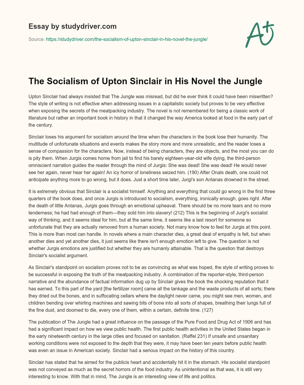 The Socialism of Upton Sinclair in his Novel the Jungle essay