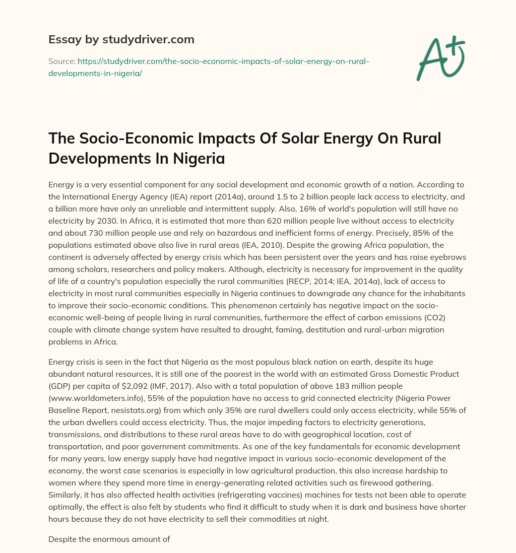 The Socio-Economic Impacts of Solar Energy on Rural Developments in Nigeria essay
