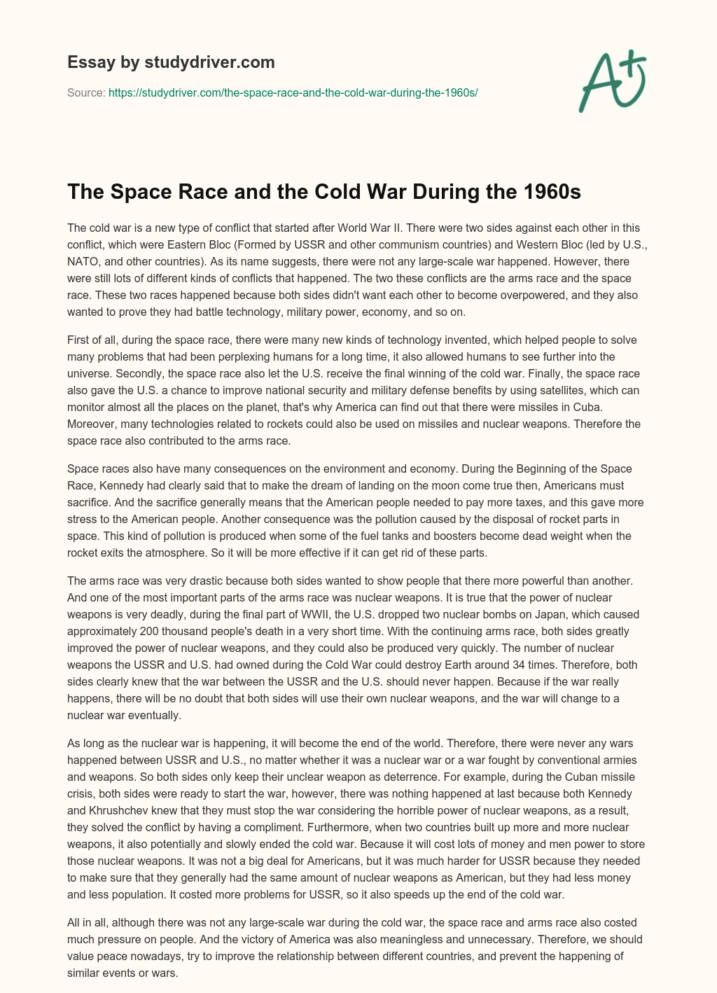The Space Race and the Cold War during the 1960s essay