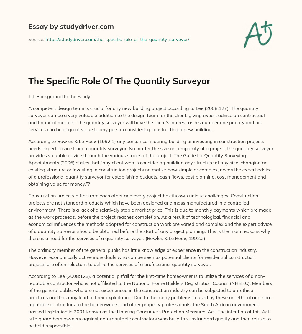 The Specific Role of the Quantity Surveyor essay