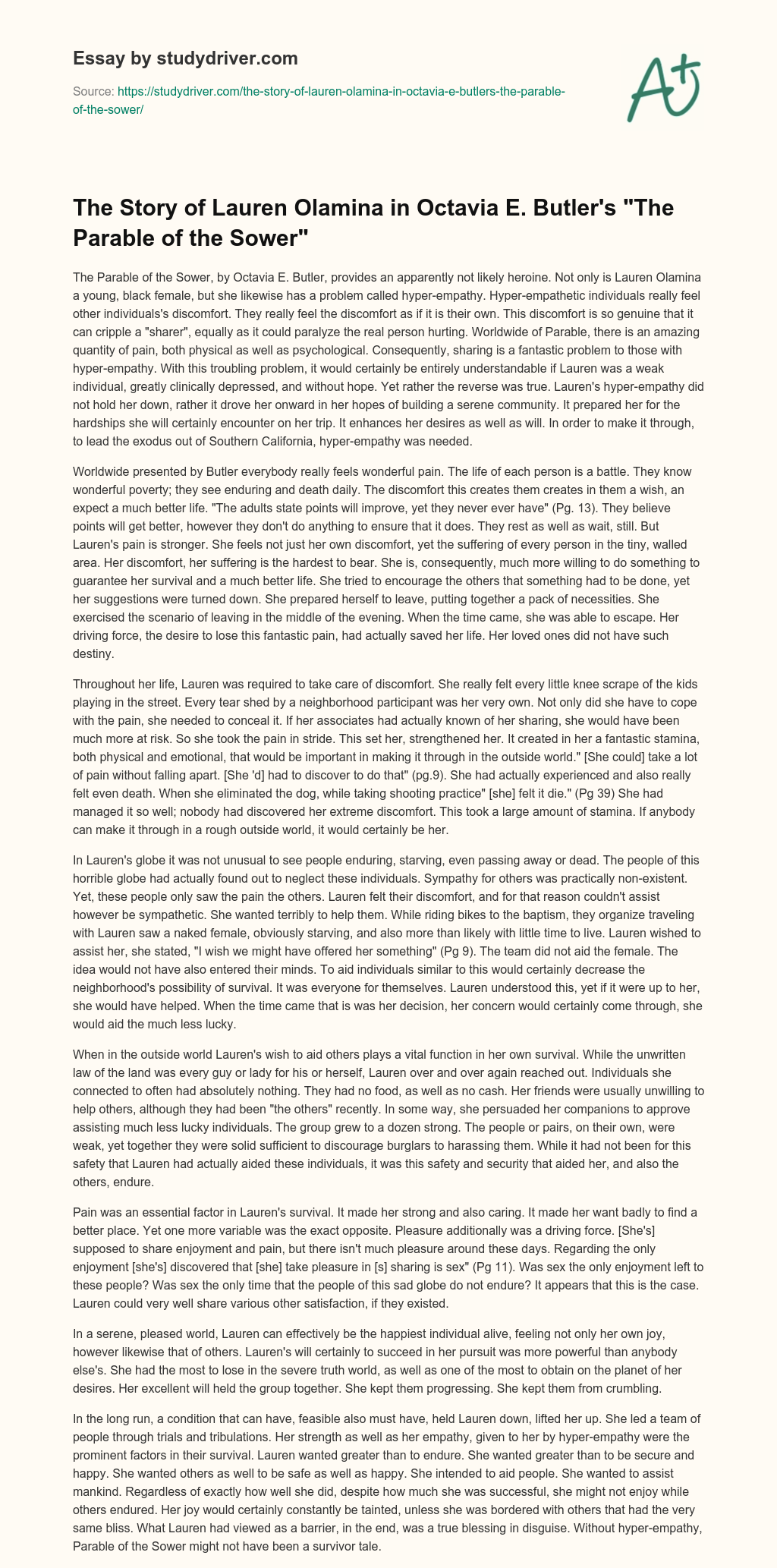 The Story of Lauren Olamina in Octavia E. Butler’s “The Parable of the Sower” essay