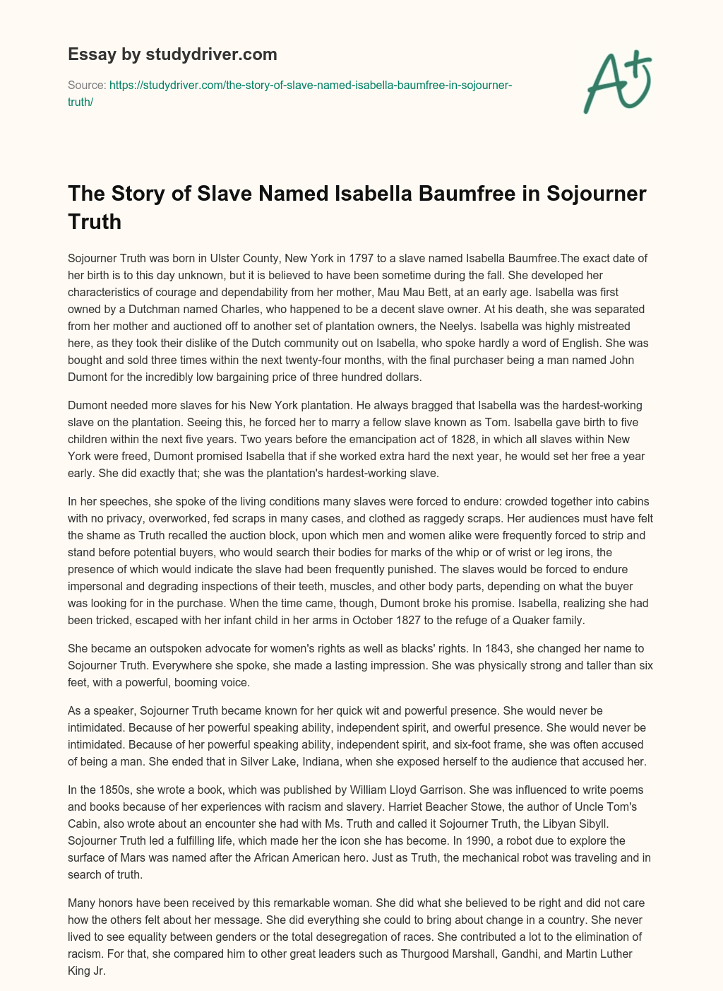 The Story of Slave Named Isabella Baumfree in Sojourner Truth essay