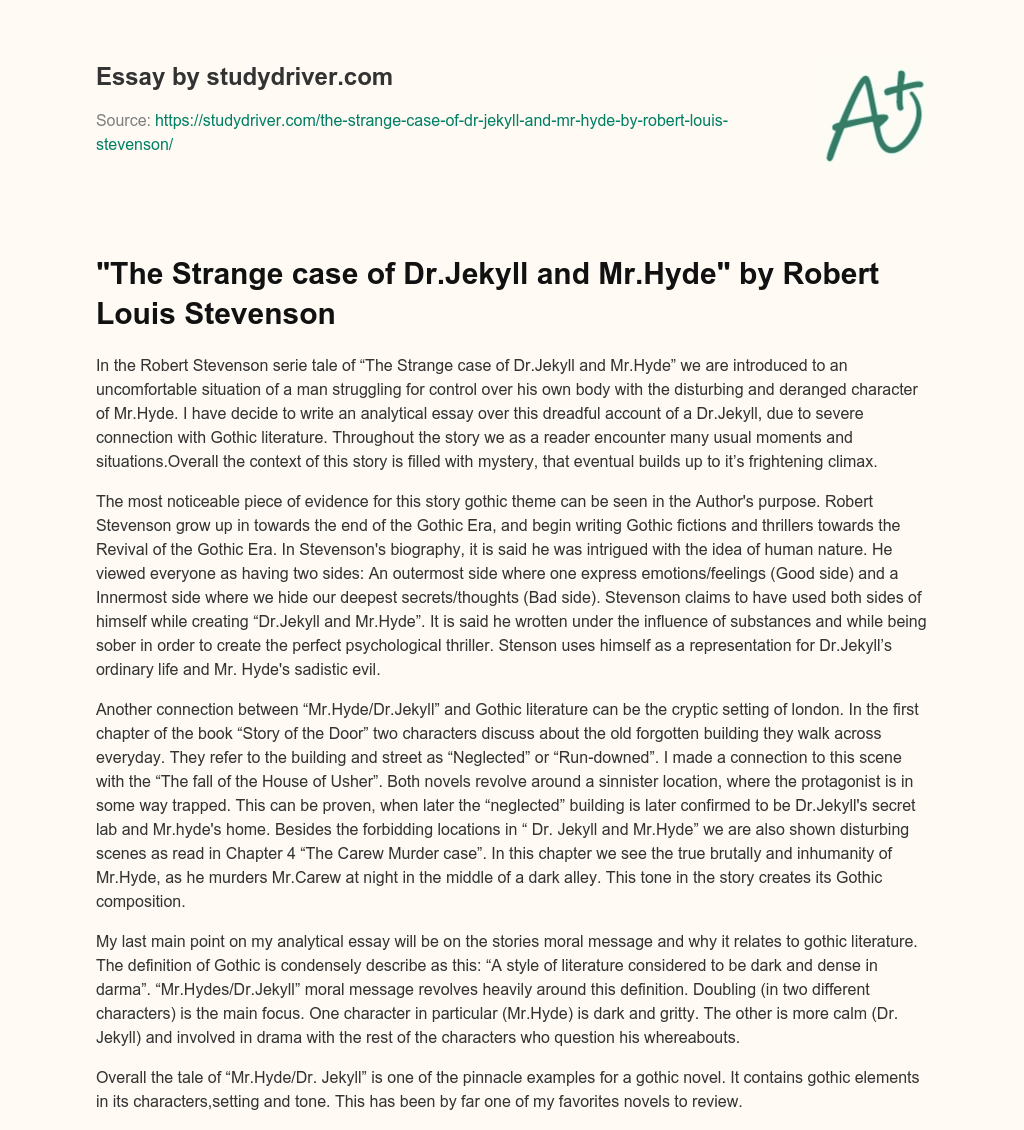 “The Strange Case of Dr.Jekyll and Mr.Hyde” by Robert Louis Stevenson essay