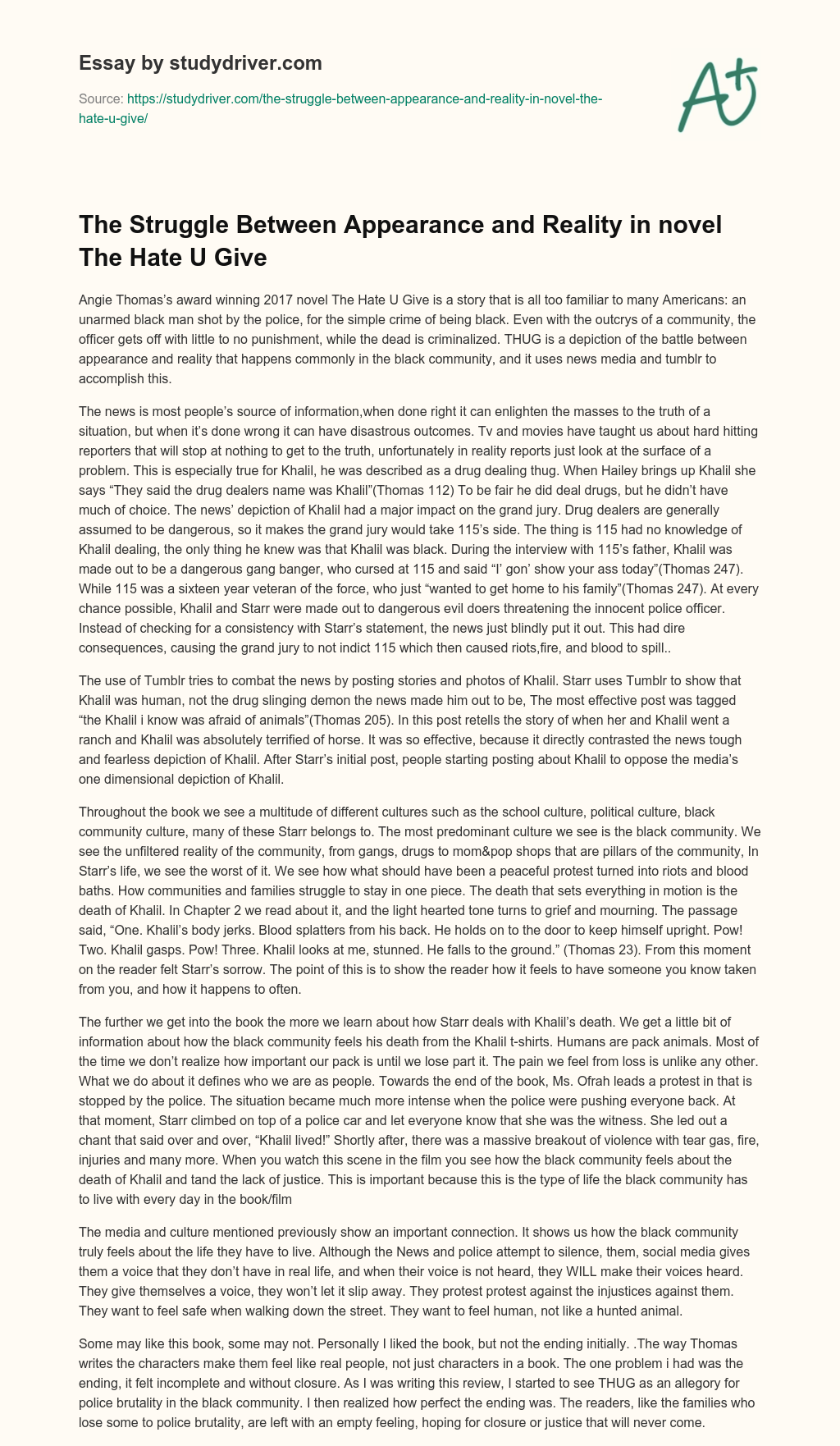 The Struggle between Appearance and Reality in Novel the Hate U Give essay
