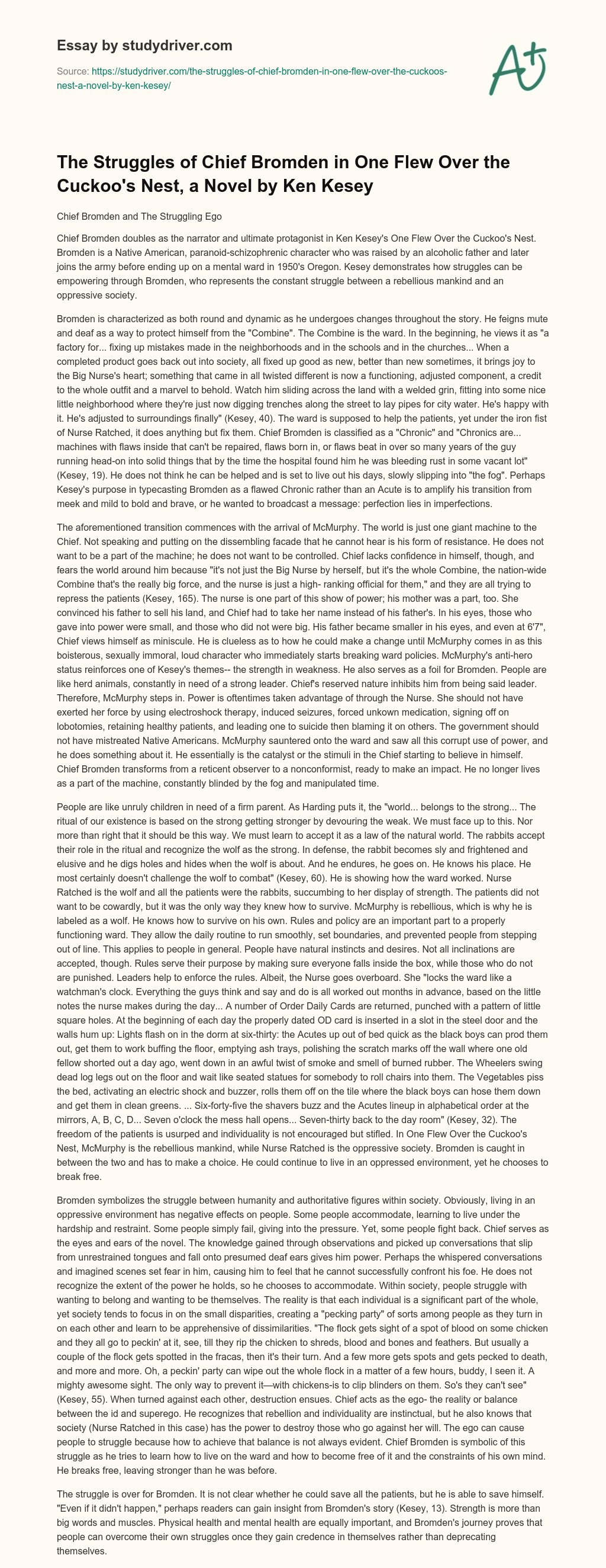 The Struggles of Chief Bromden in One Flew over the Cuckoo’s Nest, a Novel by Ken Kesey essay