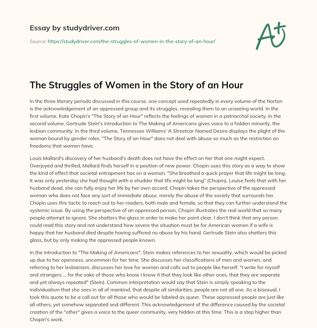 The Struggles of Women in the Story of an Hour essay