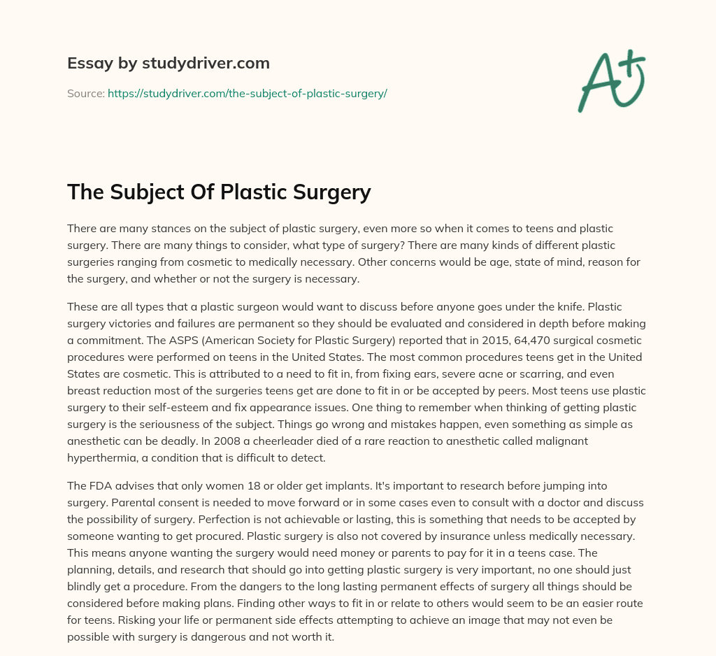 The Subject of Plastic Surgery essay