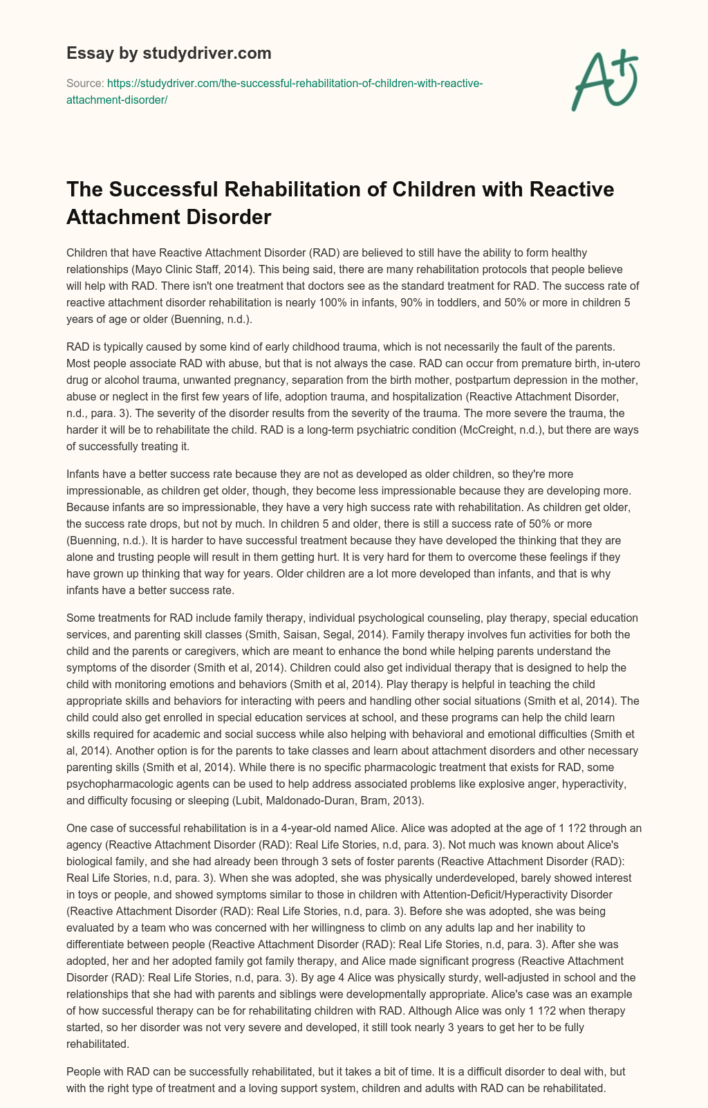 The Successful Rehabilitation of Children with Reactive Attachment Disorder essay