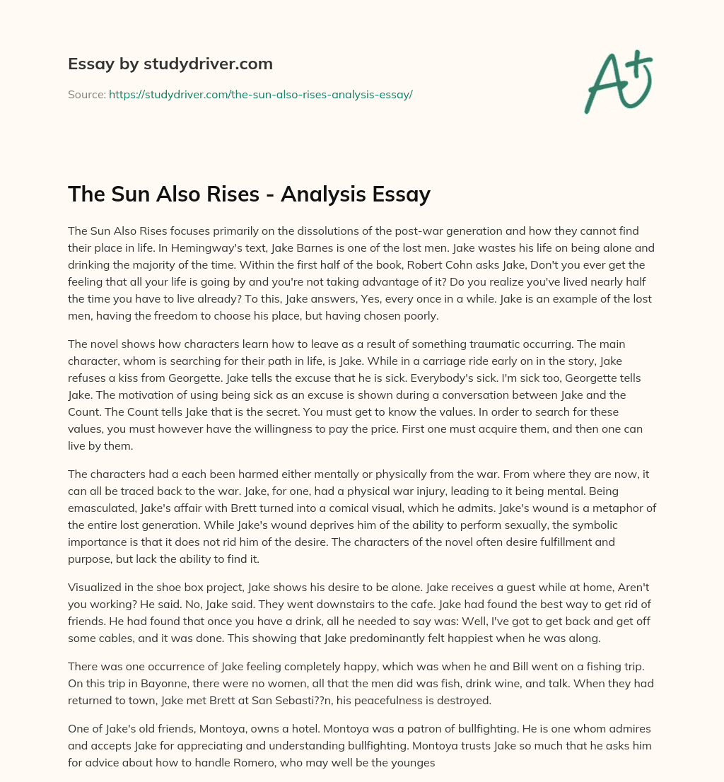 The Sun Also Rises – Analysis Essay essay