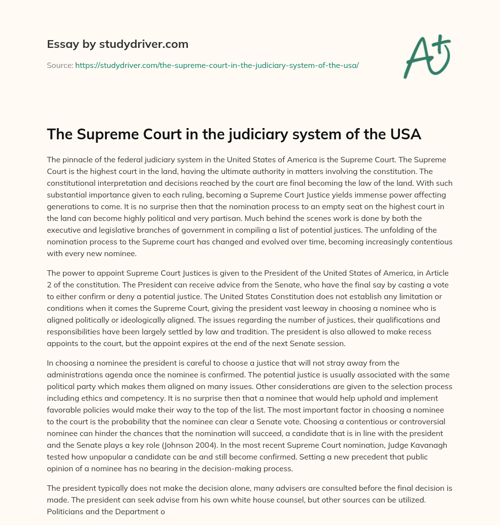 The Supreme Court in the Judiciary System of the USA essay