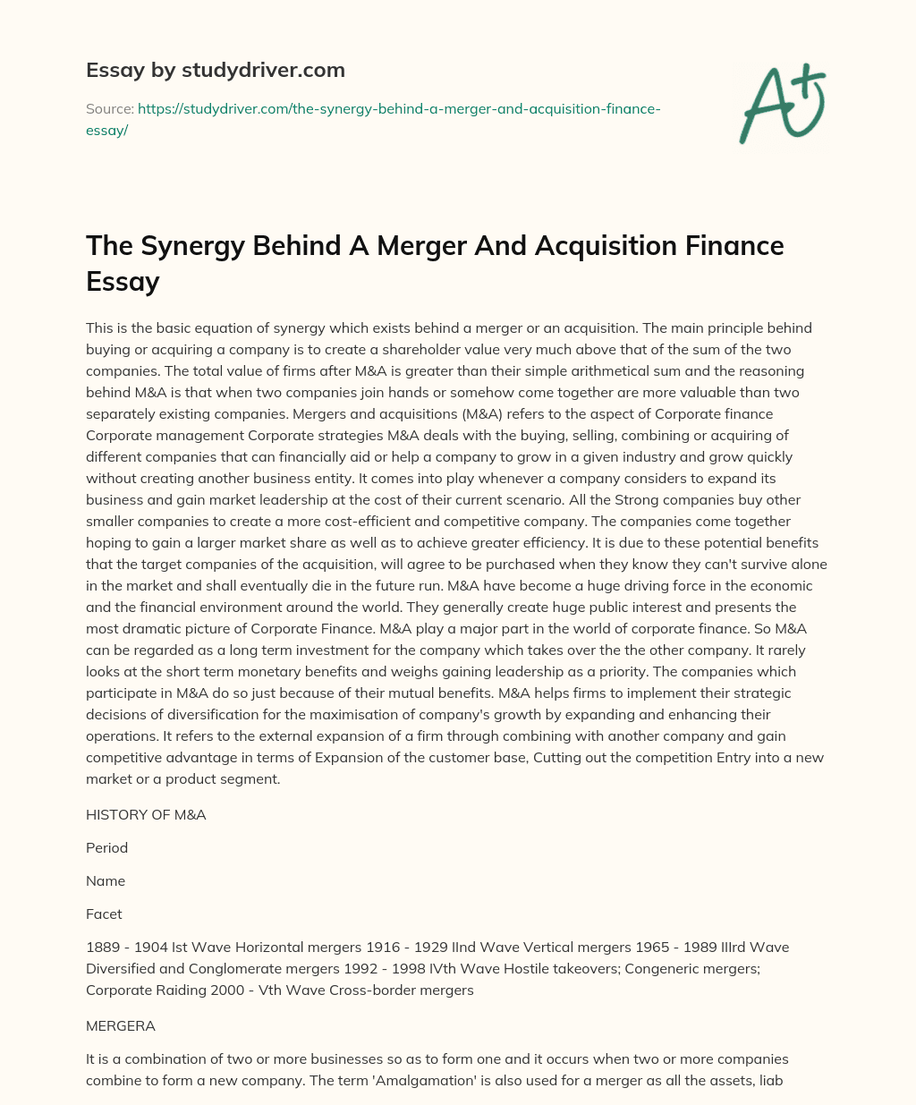 The Synergy Behind a Merger and Acquisition Finance Essay essay