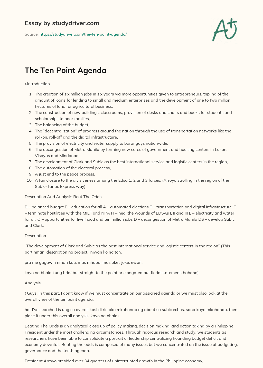 The Ten Point Agenda essay
