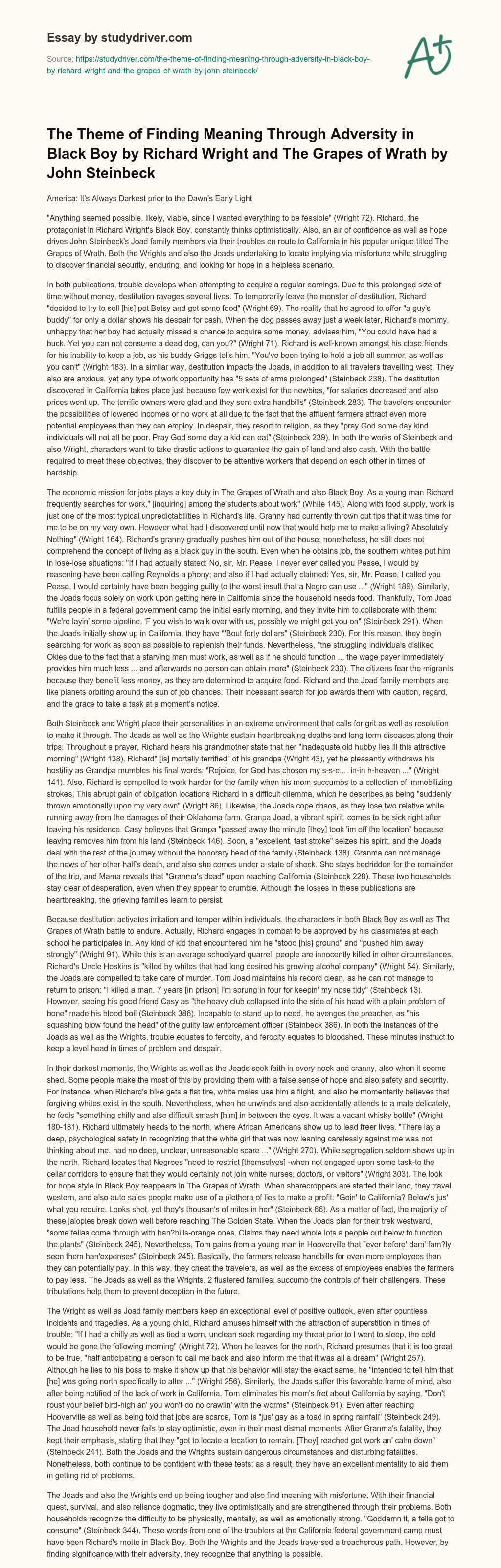 The Theme of Finding Meaning through Adversity in Black Boy by Richard Wright and the Grapes of Wrath by John Steinbeck essay