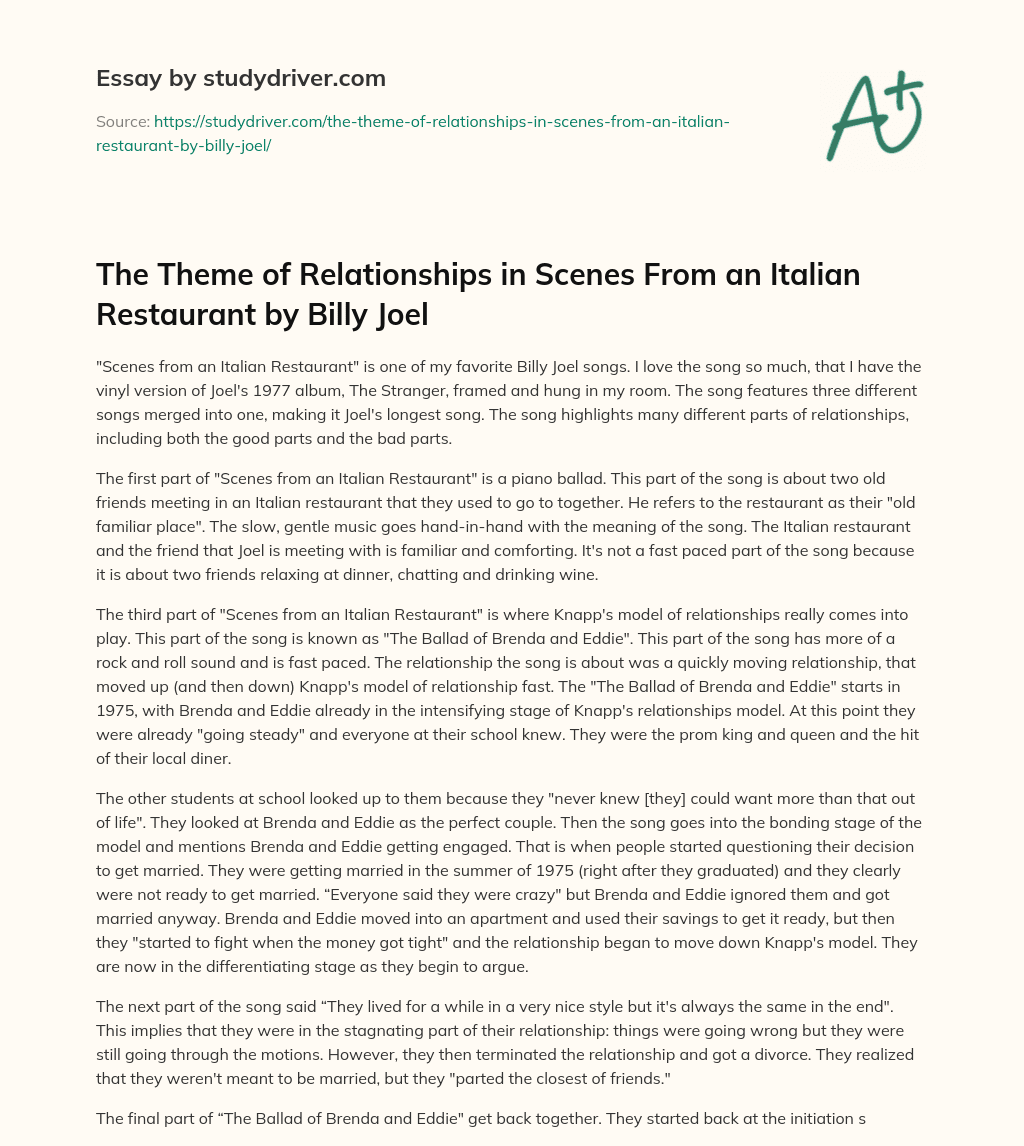 The Theme of Relationships in Scenes from an Italian Restaurant by Billy Joel essay